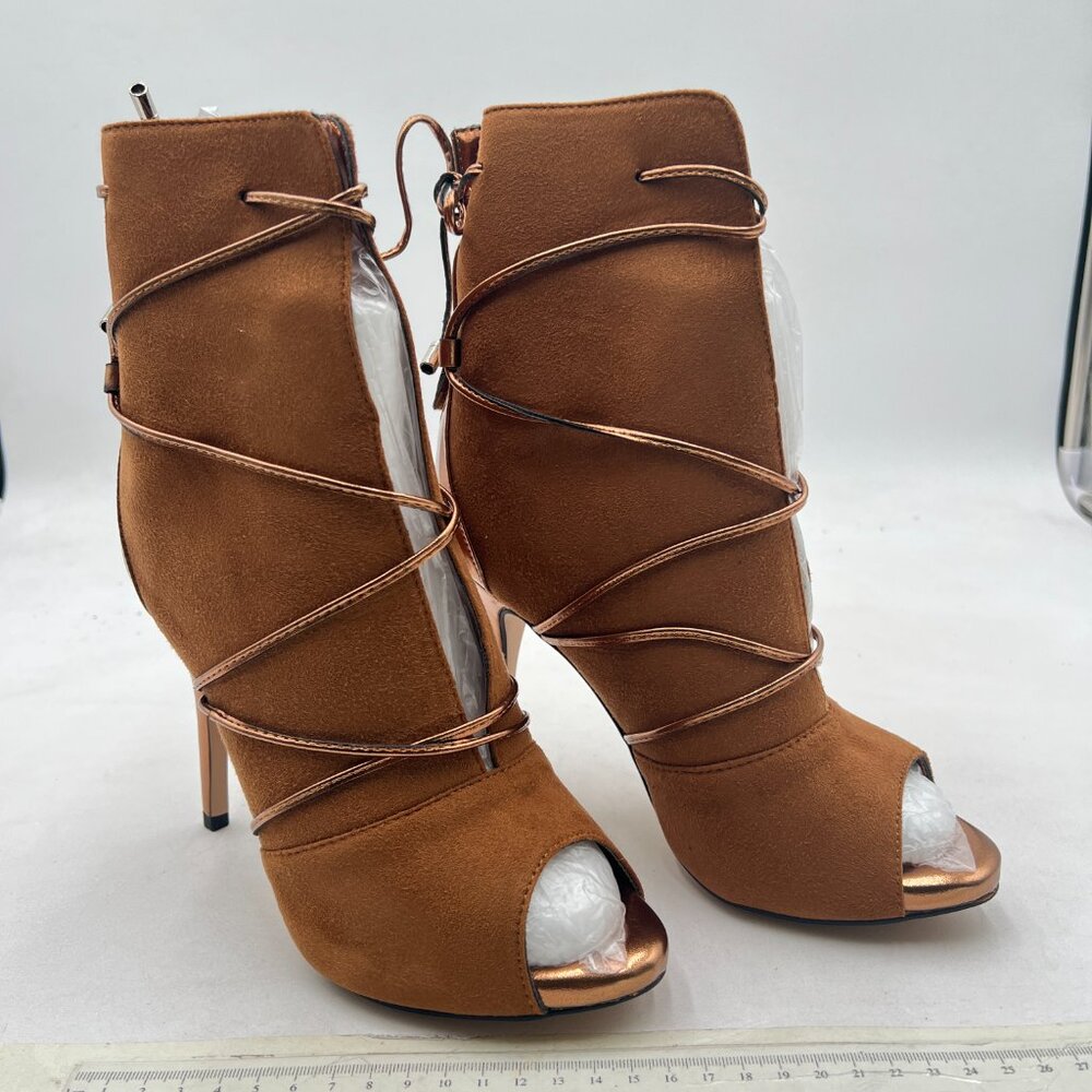 YDN Peru Peep Toe Faux Suede Platform Stiletto High Heels Lace Up Ankle Booties - Picture 4 of 8